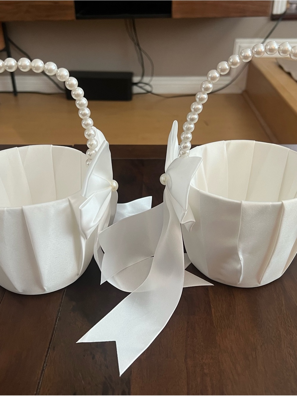 White Satin Flower Pearl Handle Flower Girl Baskets - Pair & ring bearer pillow - Picture 2 of 4